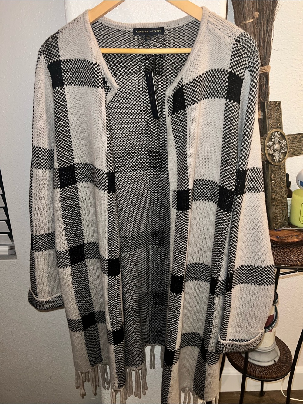 Adrienne Vittadini Black & Cream Plaid Open-Front Cardigan